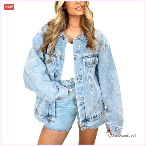 Jackets & Blazers - Oversized Denim Jacket Long Sleeve Button Down Trucker Shacket Women's